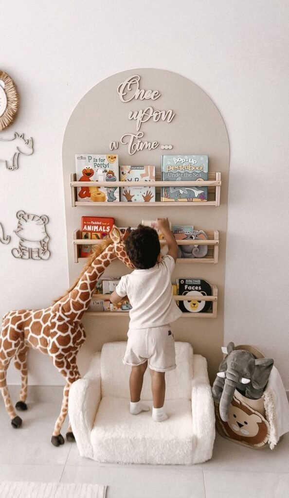 Cozy reading corner in a baby nursery room with a comfortable chair