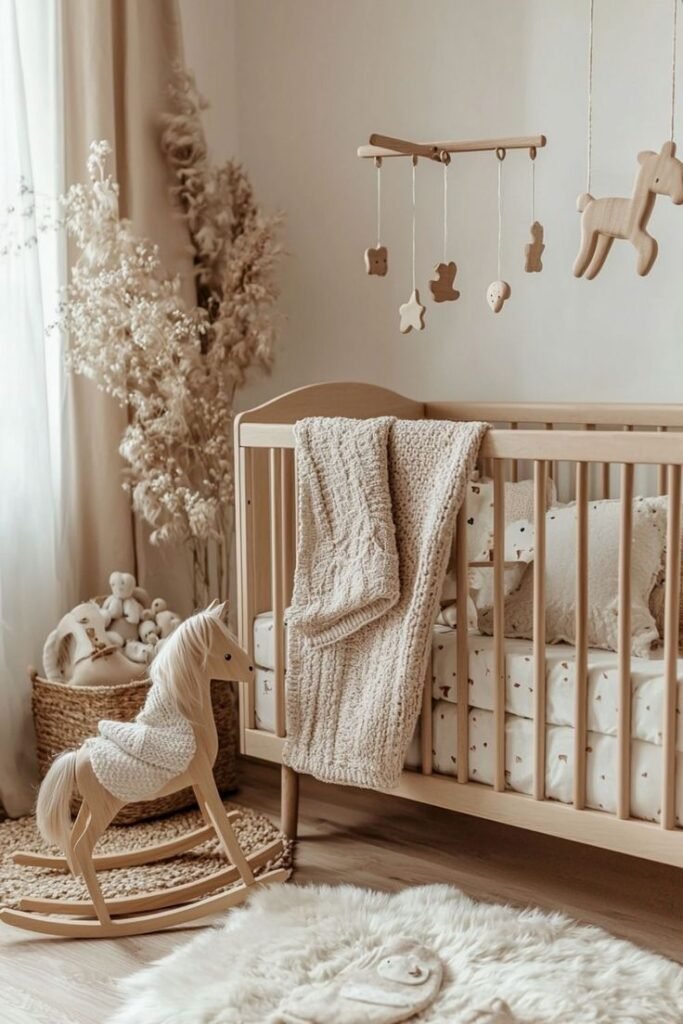Woodland-themed baby nursery room with nature-inspired decor