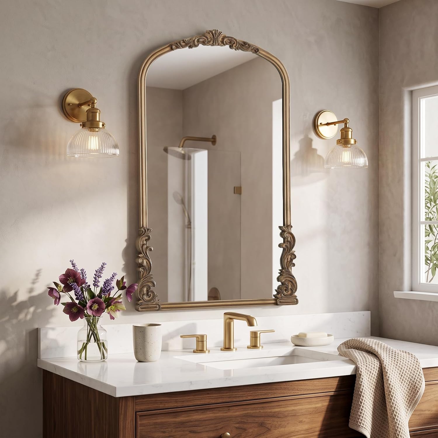 WallBeyond Arched Vintage Vanity Mirror, 24 x 36 Inch, Ornate Antique Frame