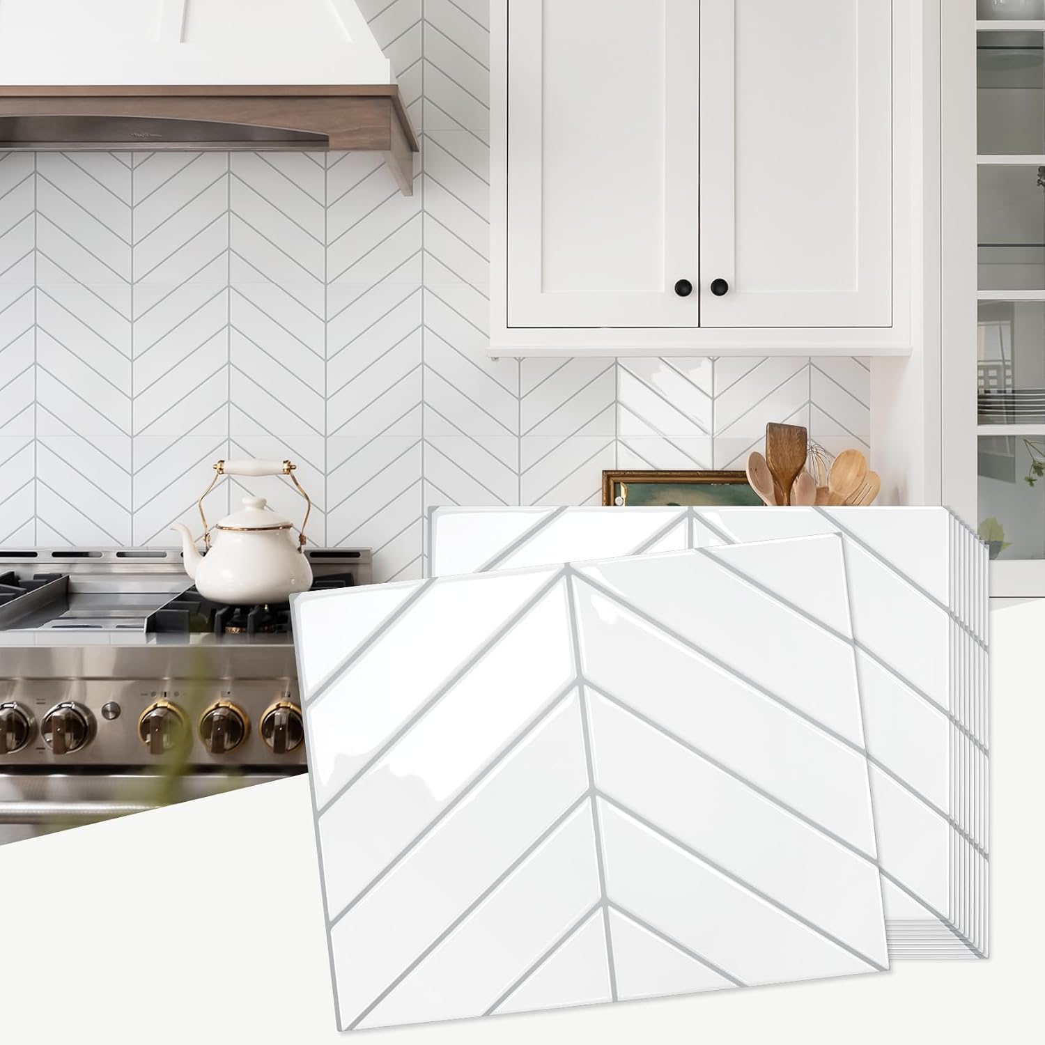 STICKGOO Herringbone Peel and Stick Backsplash, White with Grey Grout, 10 Sheets