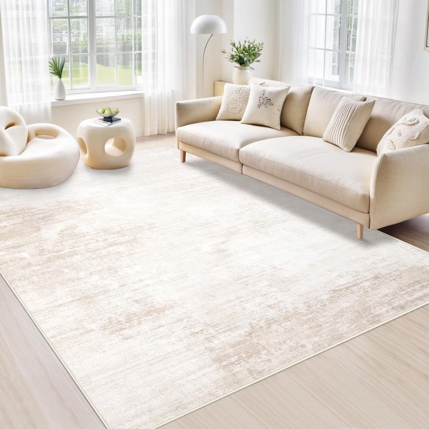 Washable 5 x 7 Neutral Area Rug, Modern Abstract Pattern, Soft and Non-Slip