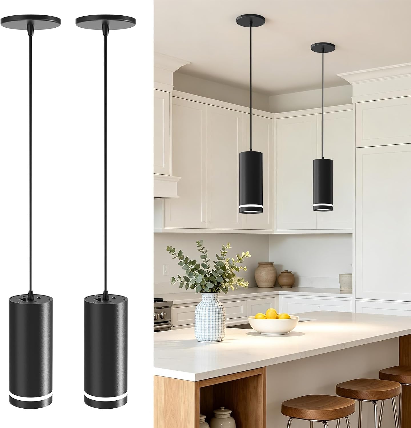Black Mini Pendant Lights for Kitchen Island, 3.3 Inch, 2 Pack