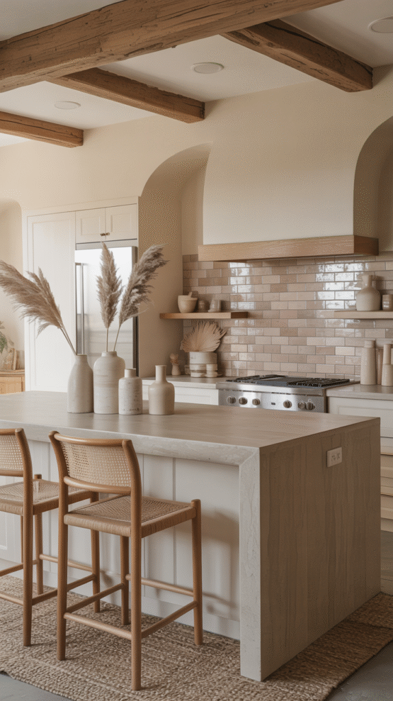 Open kitchen with wood ceiling beams, herringbone tile backsplash and woven pendant lights