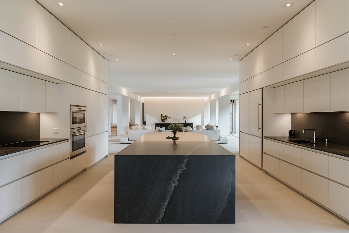 Spacious open kitchen with a wide island connecting to the surrounding living space