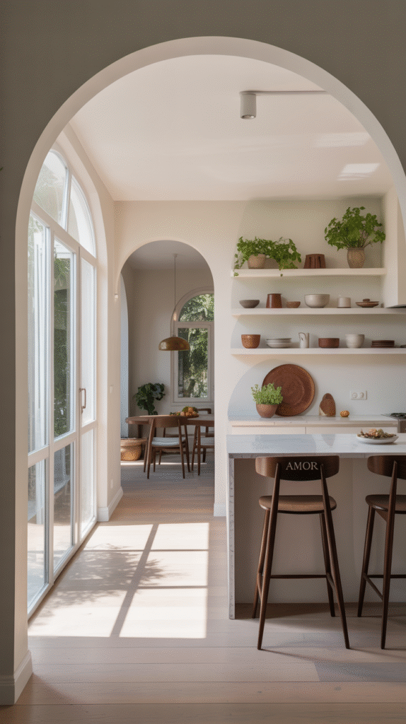 Open kitchen with glass shelving and an archway connecting it to the next room