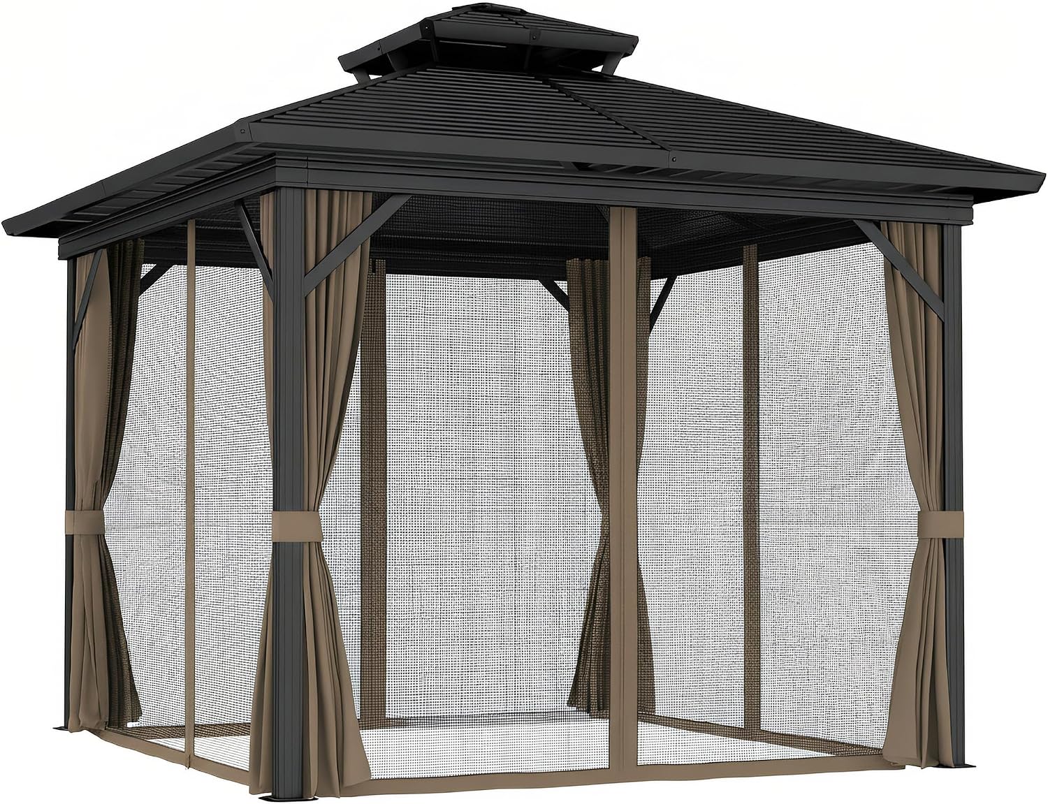 Outsunny 10 x 10 Ft Hardtop Gazebo with Curtains and Netting, Dark Brown