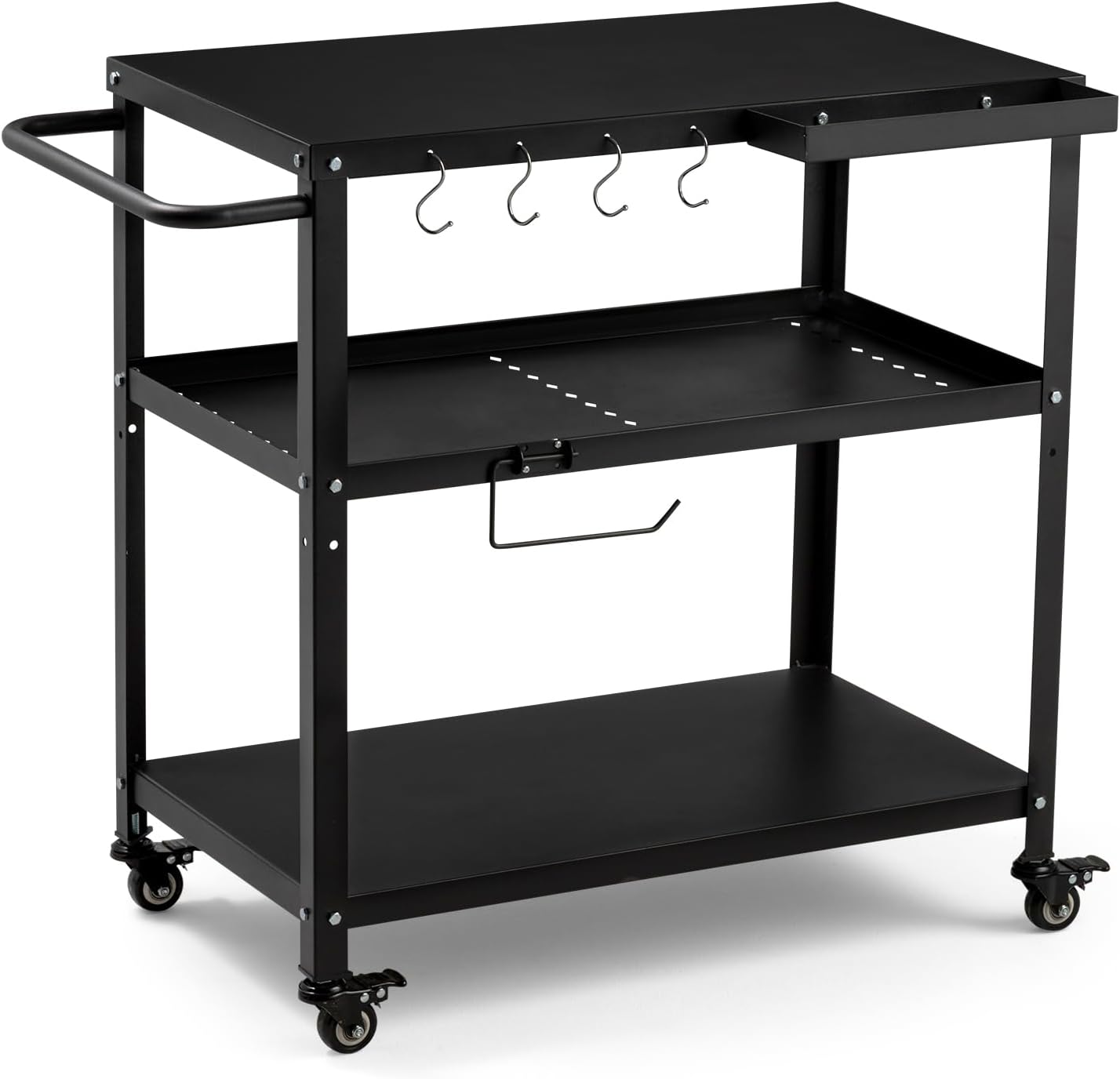 Outdoor Grill Cart Table with Casters, Pizza Oven Stand, Black
