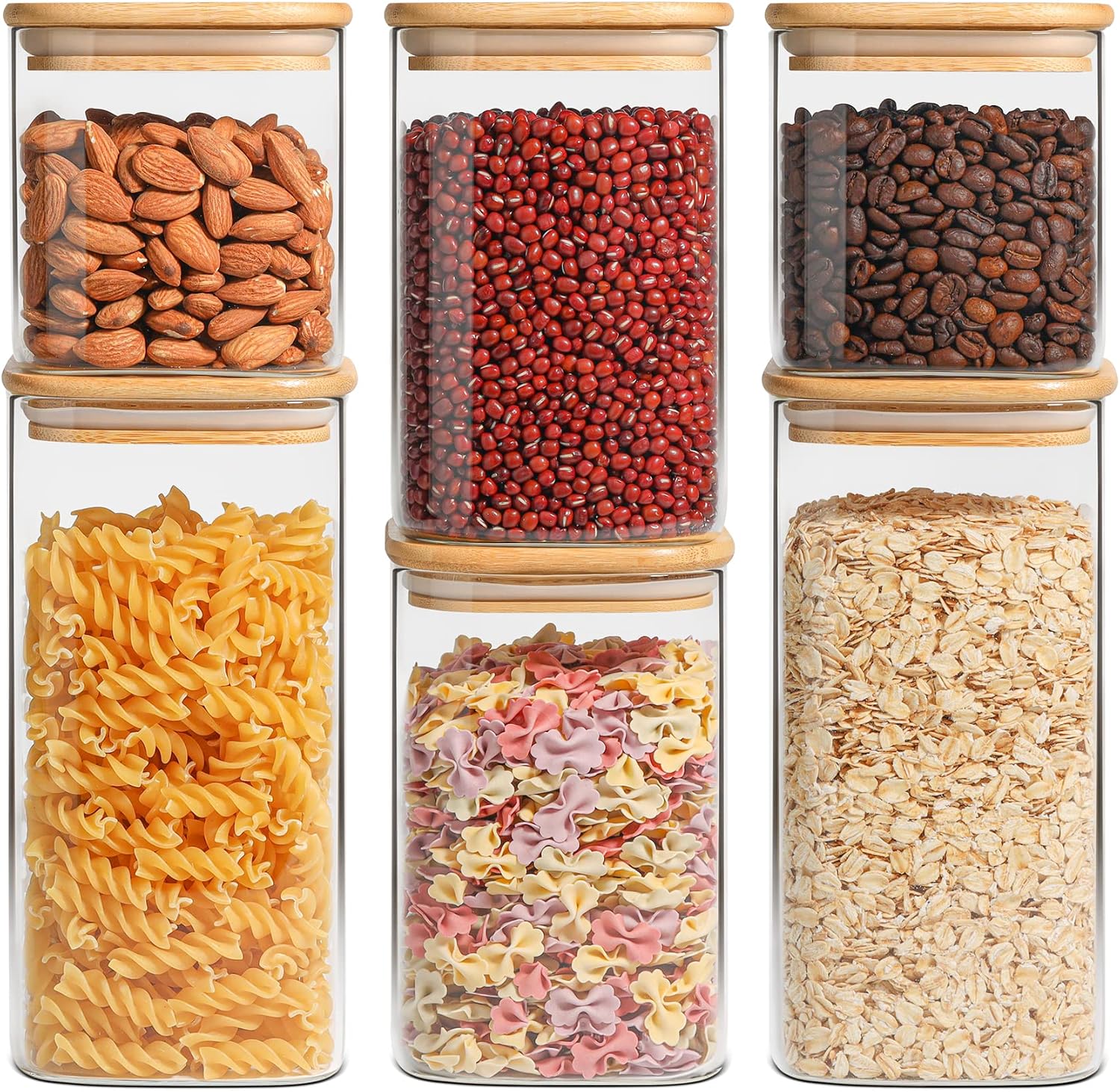 ComSaf Glass Pantry Storage Containers, Set of 6, Square, 0.7 to 1.6 Qt