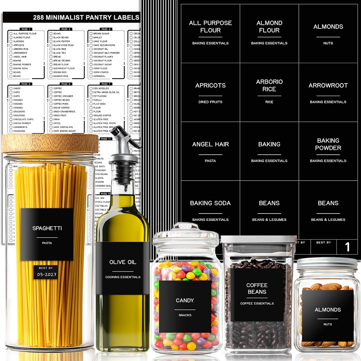288 Preprinted Waterproof Pantry Labels for Food Containers, Black Minimalist
