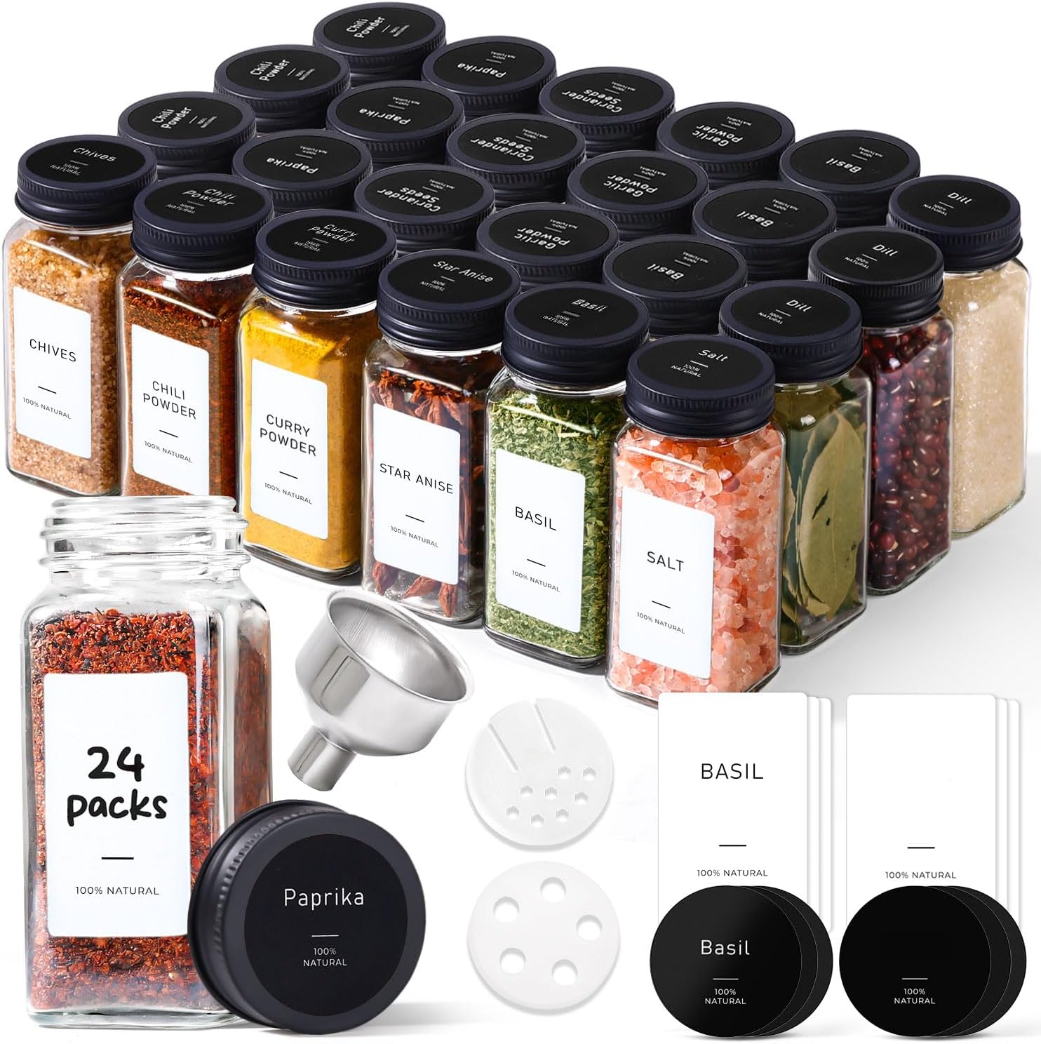 ComSaf Glass Spice Jars with Labels, 4 oz, 24 Pack, Square