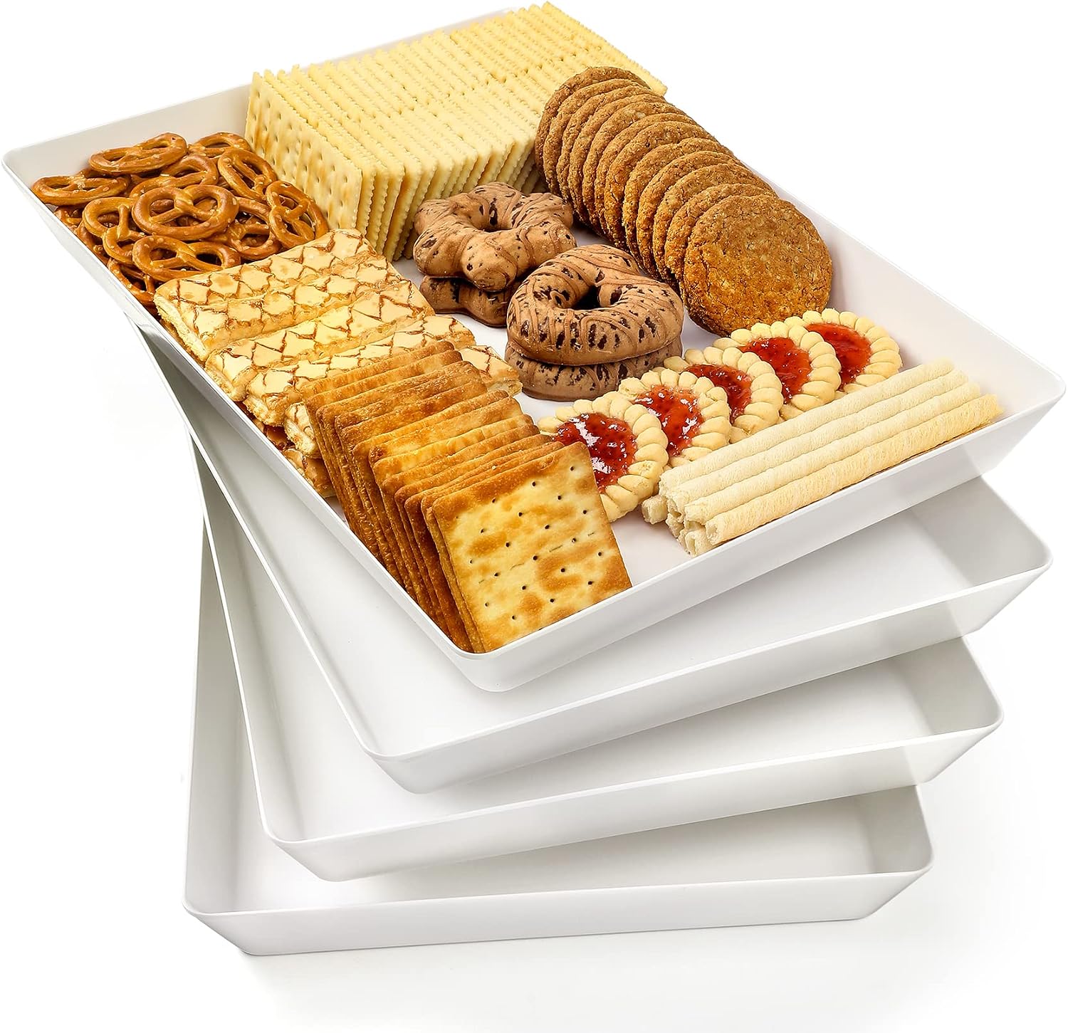 Reusable Plastic Serving Trays, 16 x 11 Inch, 4 Pack, White