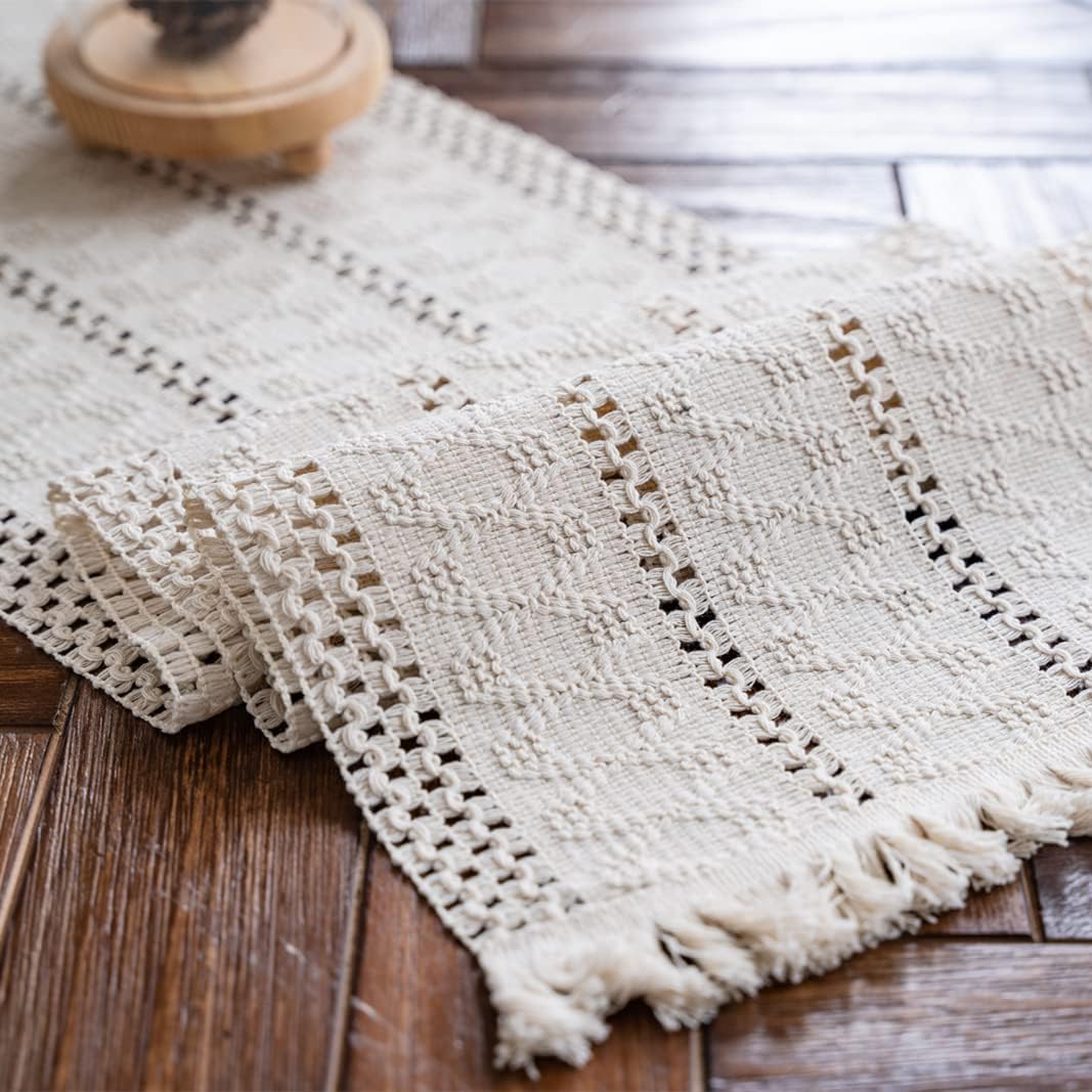 Macrame Boho Table Runner with Tassels, Cream Beige, 12 x 71 Inch