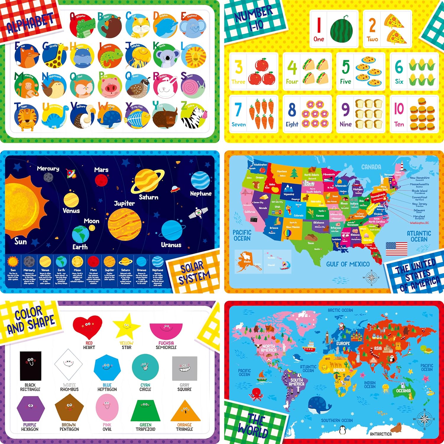 Reusable Kids Placemats, 6 Pack, Non-Slip and Washable, Educational Prints
