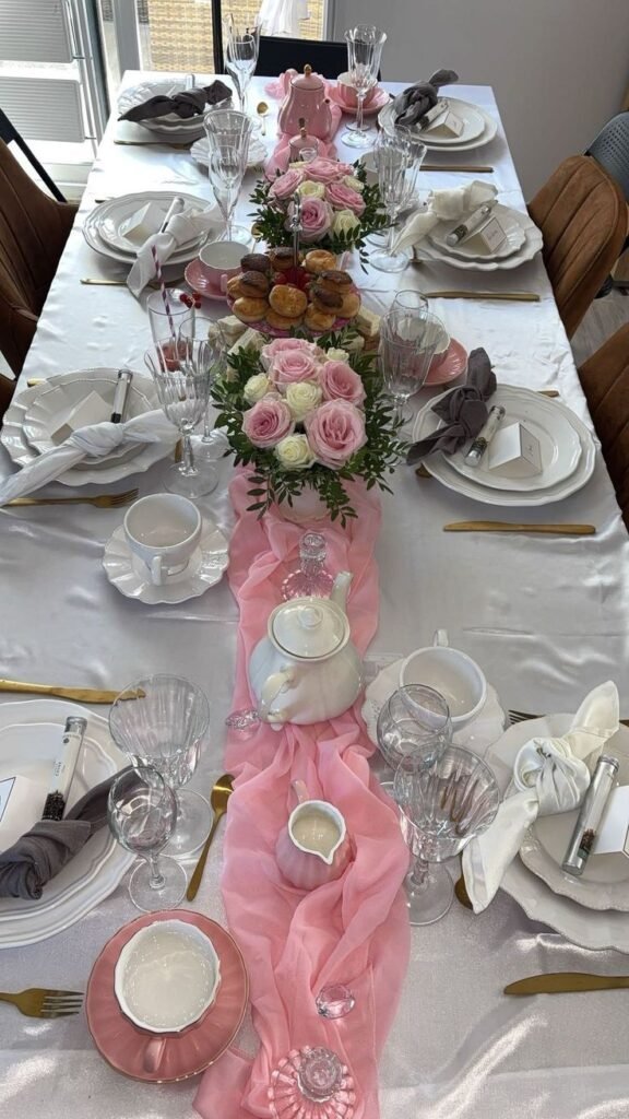 Casual party table setup with shared platters and low centerpieces