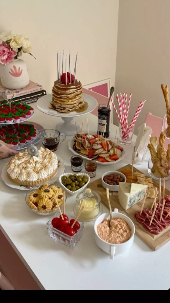 Small space party table setup using vertical displays and narrow tables