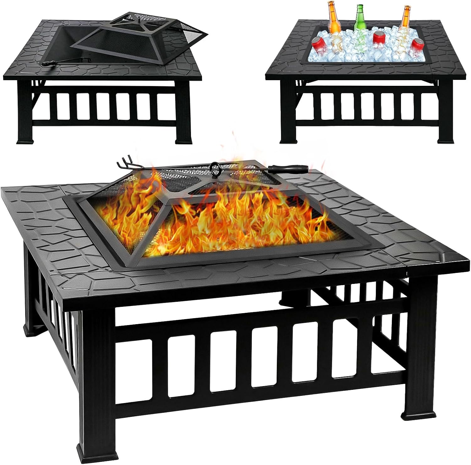 32 Inch Square Fire Pit Table with Fire Poker and Spark Screen