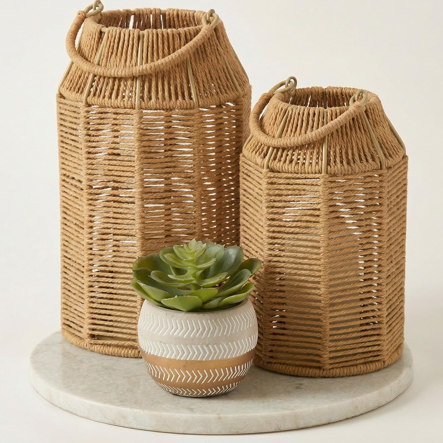Natural Jute Boho Lanterns, Handcrafted Farmhouse Decor