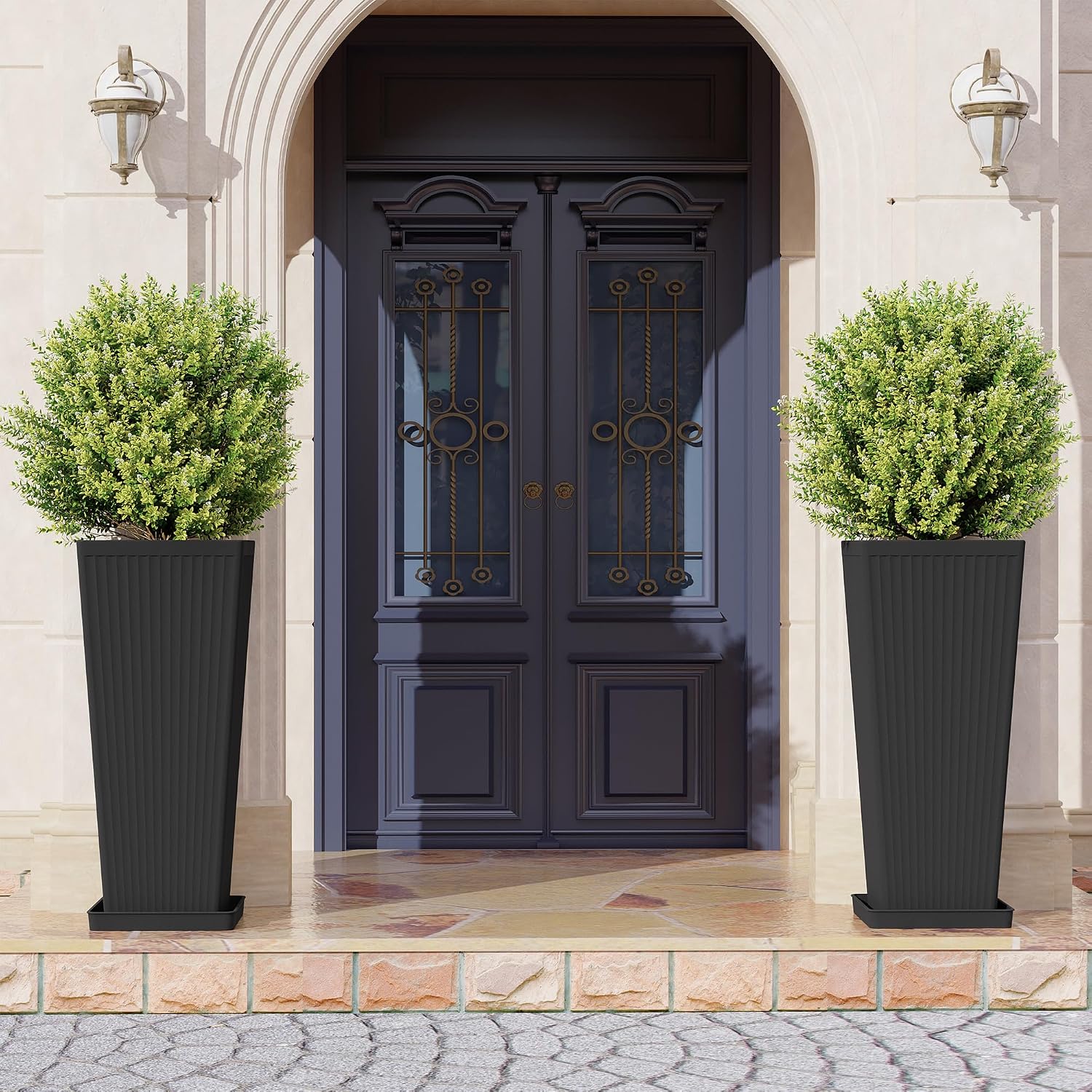 23.6 Inch Tall Tapered Planters, Set of 2, Modern Black Outdoor