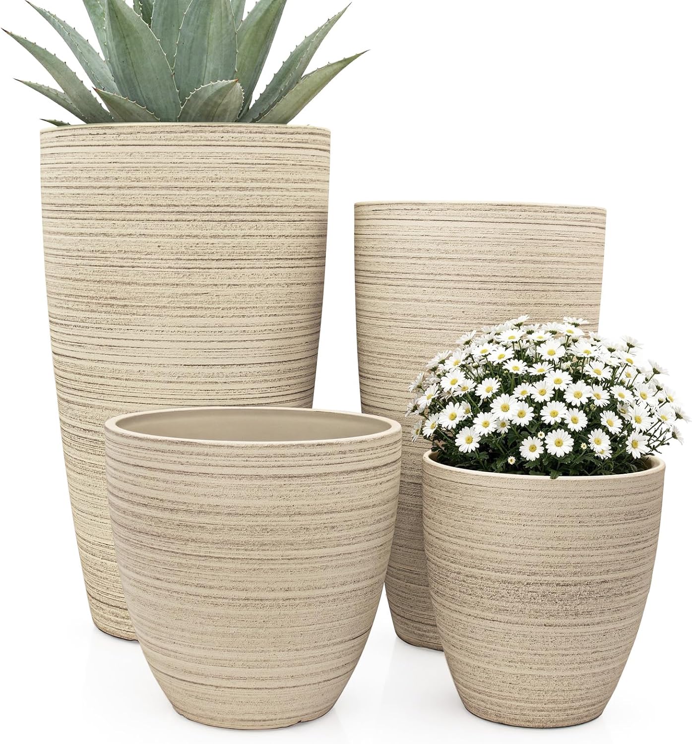 ZMTECH 4 Pack Plastic Planters, 21, 18, 12 and 10 Inch, Beige Faux Stone Finish