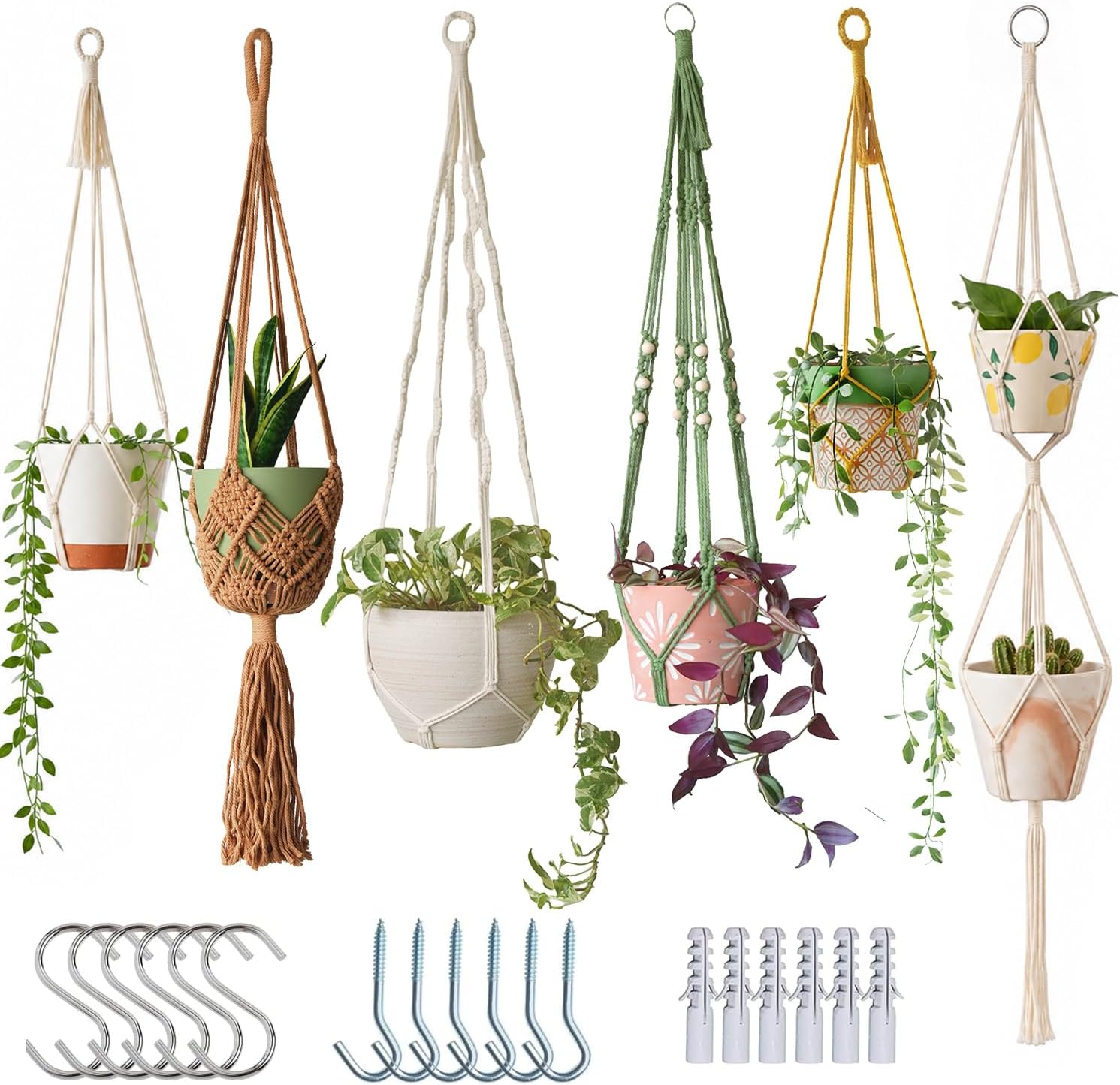 Bouqlife 6 Pack Macrame Plant Hangers with Hooks, Handmade Cotton