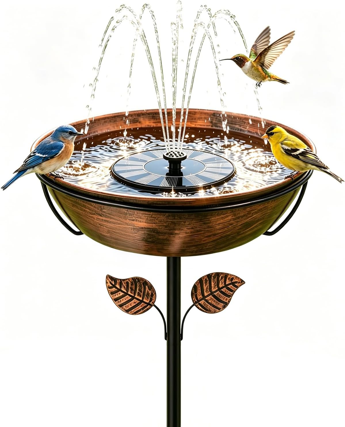 Metal Bird Bath with Solar Fountain, 1.4 Gallon Bowl, 5-Prong Stake