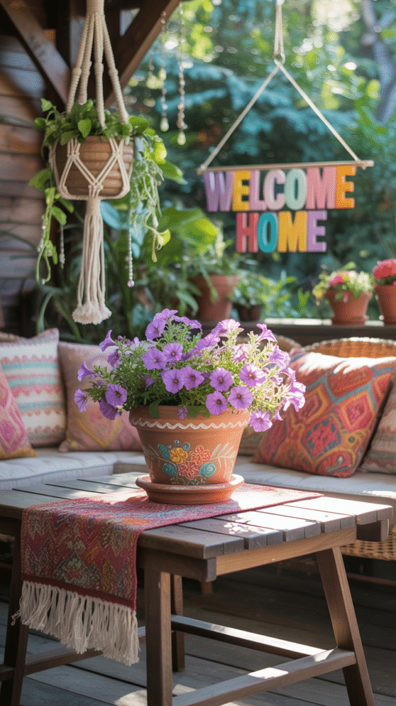 DIY decor including painted pots and macrame hangers adding personality to a patio