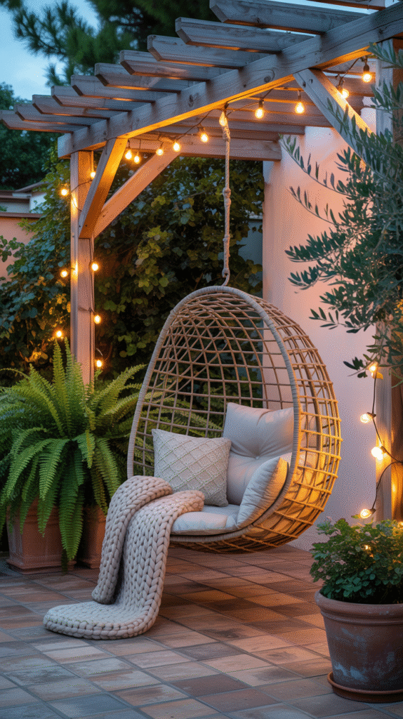 Hanging egg chair suspended on a patio adding movement to the space