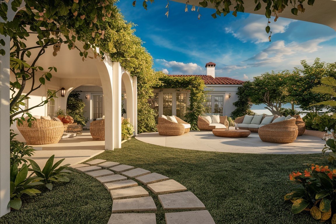 Well-maintained outdoor patio styled with furniture, greenery and ambient lighting
