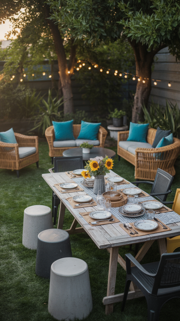 Patio furniture mixing wood, metal and wicker materials for a curated look