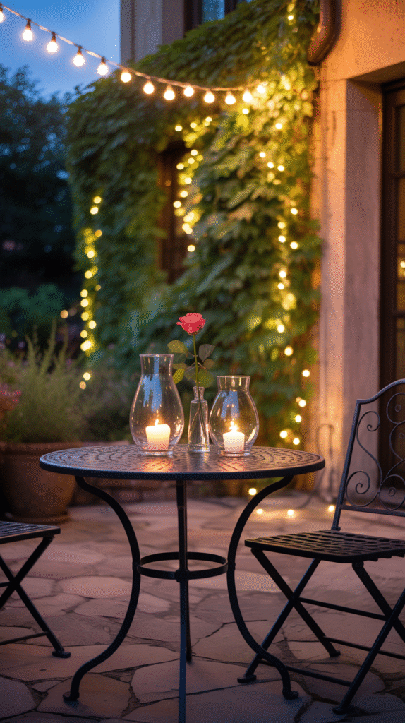 Patio strung with overhead string lights creating a warm evening glow