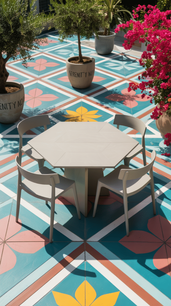 Patio floor painted with a geometric stencil pattern using exterior-grade paint