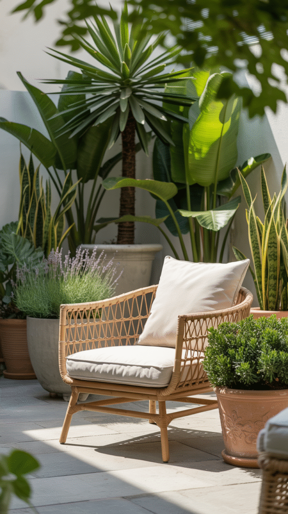 Large potted plants grouped at varying heights on a patio