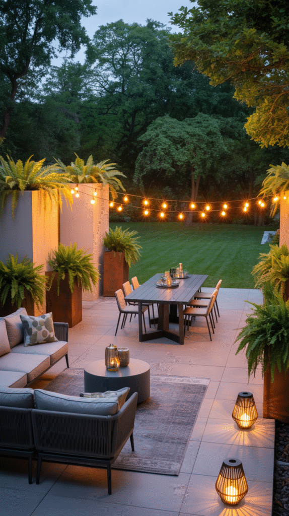 Patio divided into a lounging zone and a separate dining zone