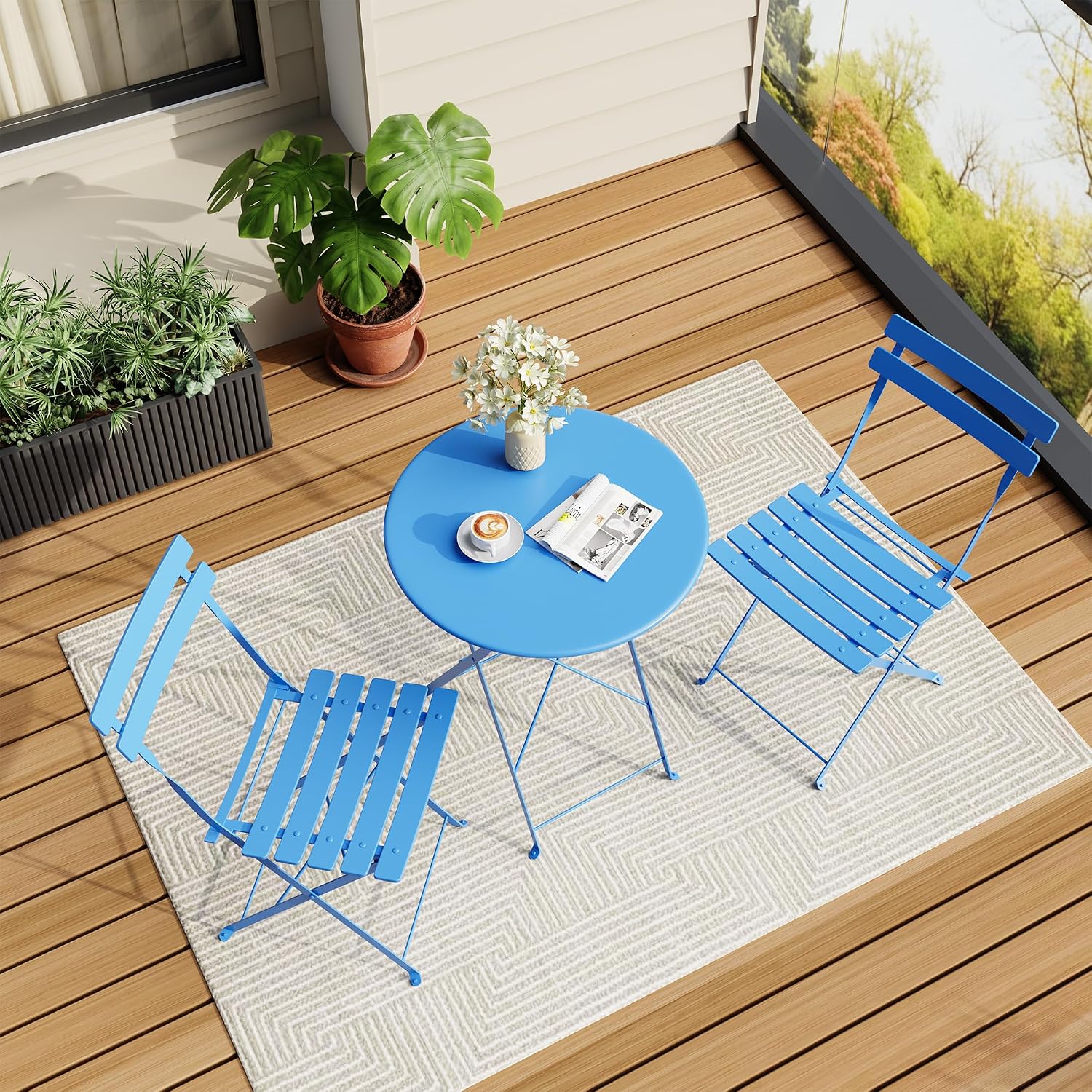 Folding Patio Bistro Set, Table and 2 Chairs, 3 Piece, Blue