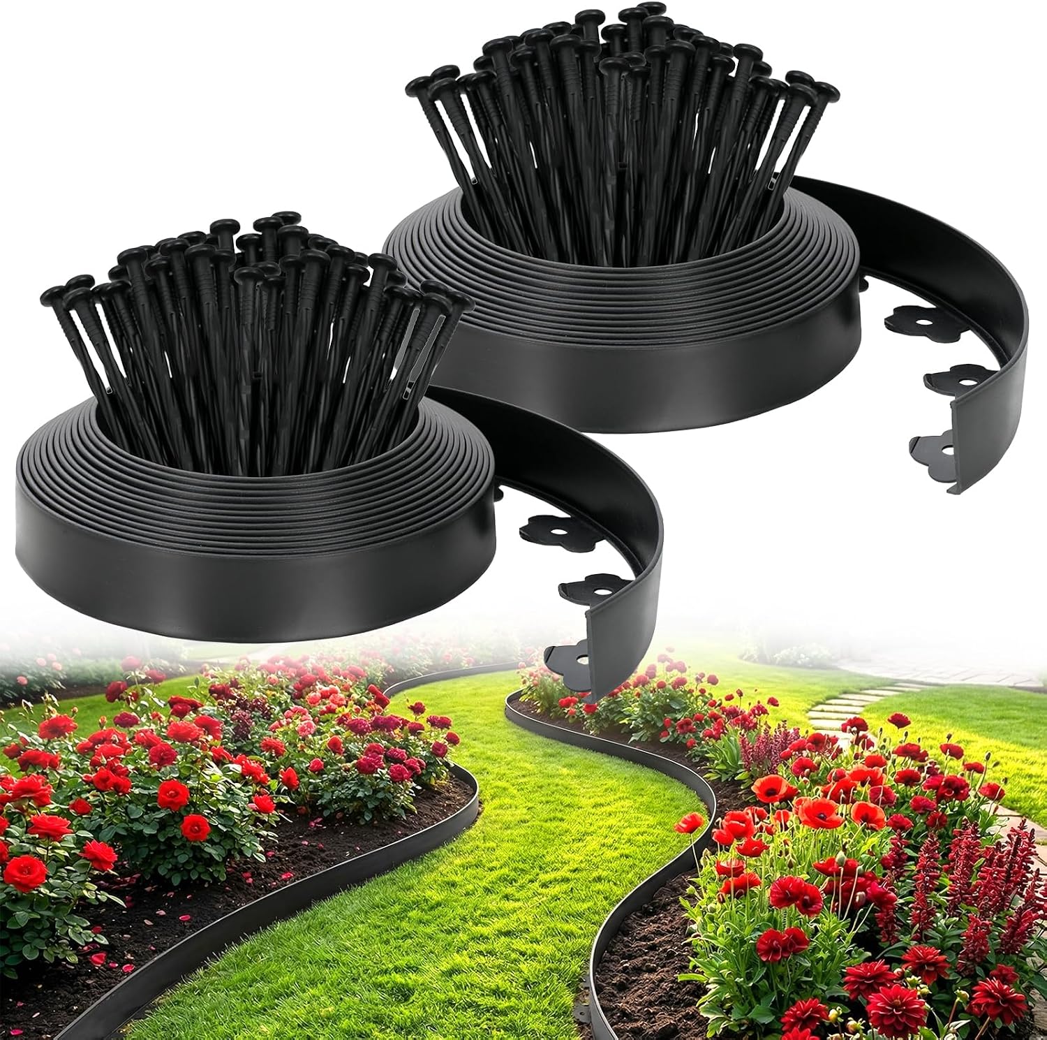 No-Dig Landscape Edging Garden Kit, 2 Inch x 66 Ft, with 100 Spikes, Heavy Duty