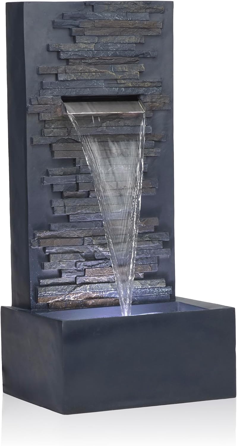 Alpine Corporation 32 Inch Cascading Stone Wall Fountain with LED Lights