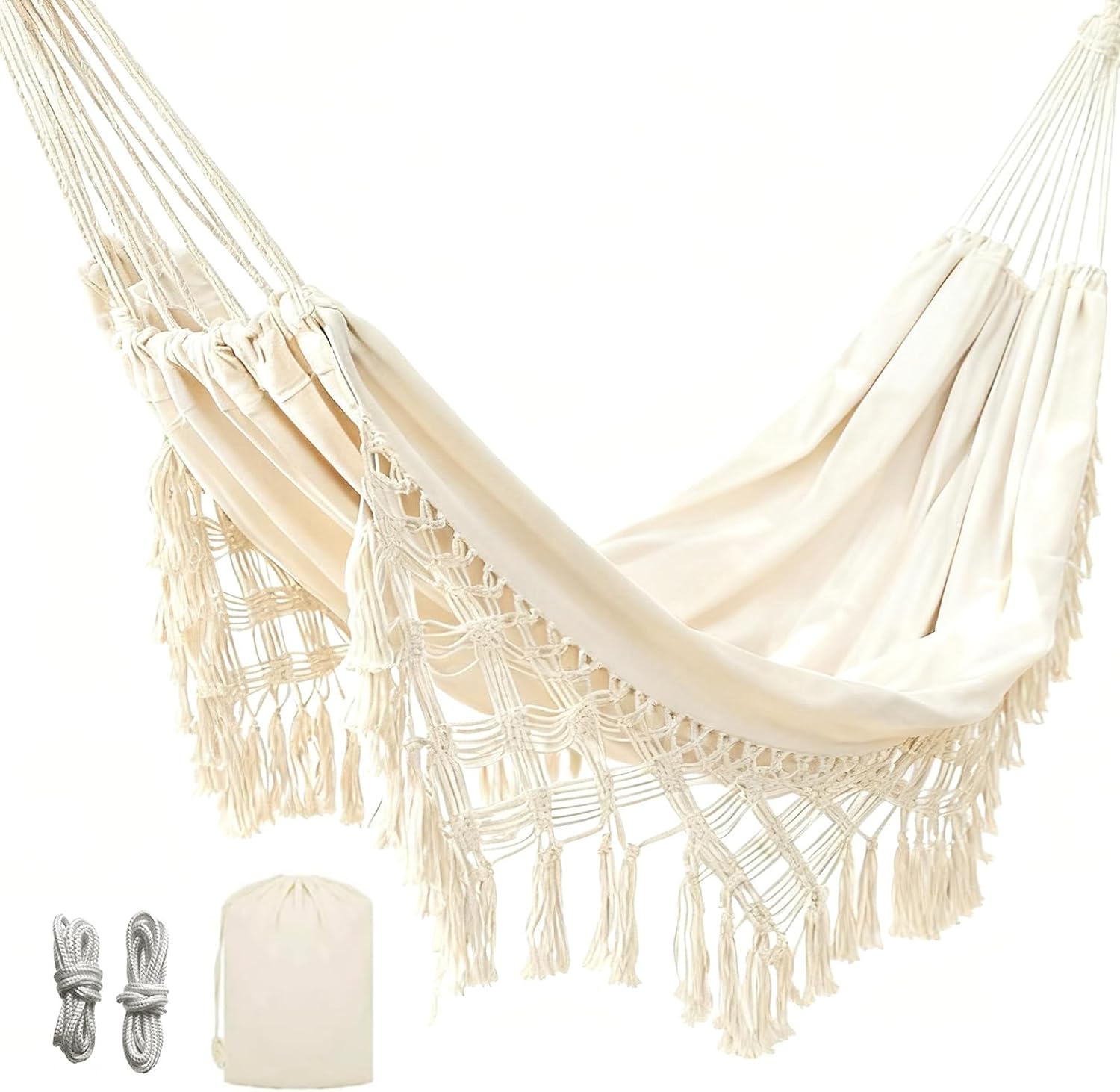 Goutime Double Macrame Boho Hammock, Portable Tree Hammock, Beige