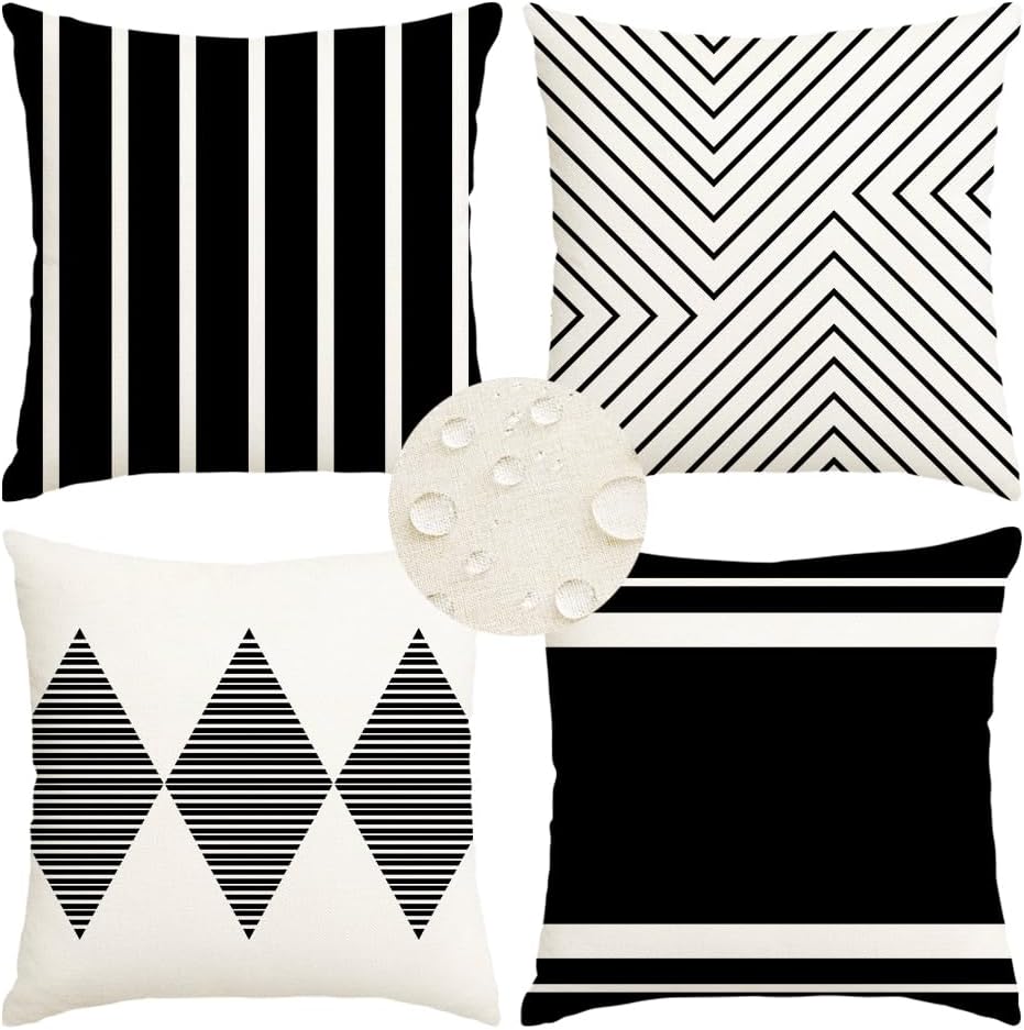Waterproof Outdoor Pillow Covers, 18 x 18 Inch, Black and Beige, Set of 4
