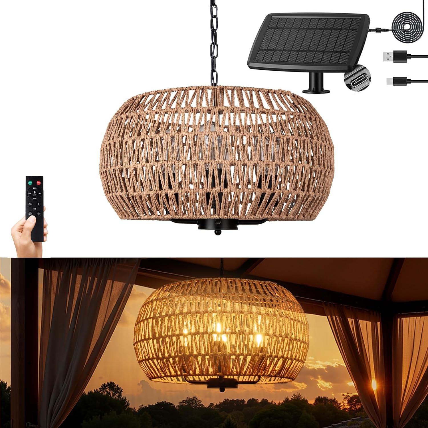Outdoor Solar Chandelier, 4-Light 19 Inch Rattan Pendant, Waterproof