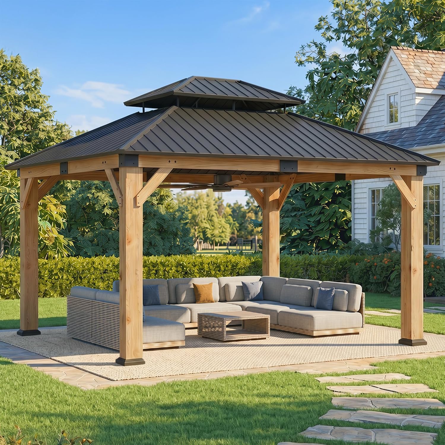 Cedar Wood Gazebo, 10 x 12 Ft, Hardtop Galvanized Steel Double Roof