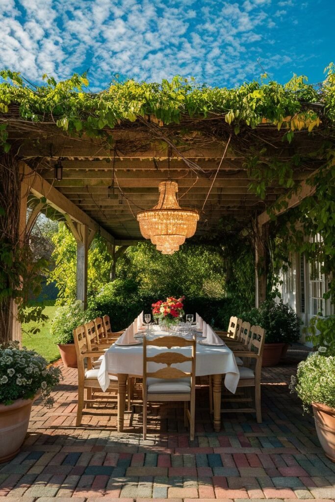 Outdoor dining table set with white linens under a vine-covered wood pergola, lit by a hanging crystal chandelier