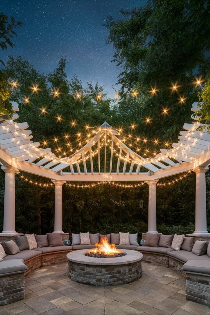 White pergola with string lights draped overhead, curved built-in bench seating and a stone fire pit glowing at dusk