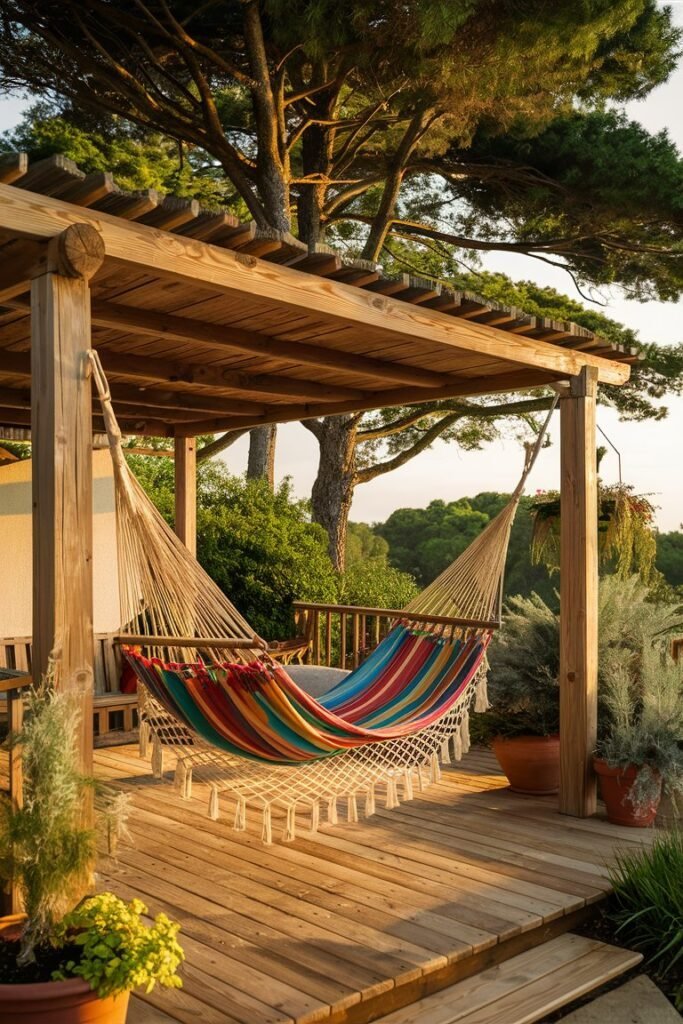 Colorful striped woven hammock with macrame fringe hung beneath a wood pergola on a deck, surrounded by trees and potted plants