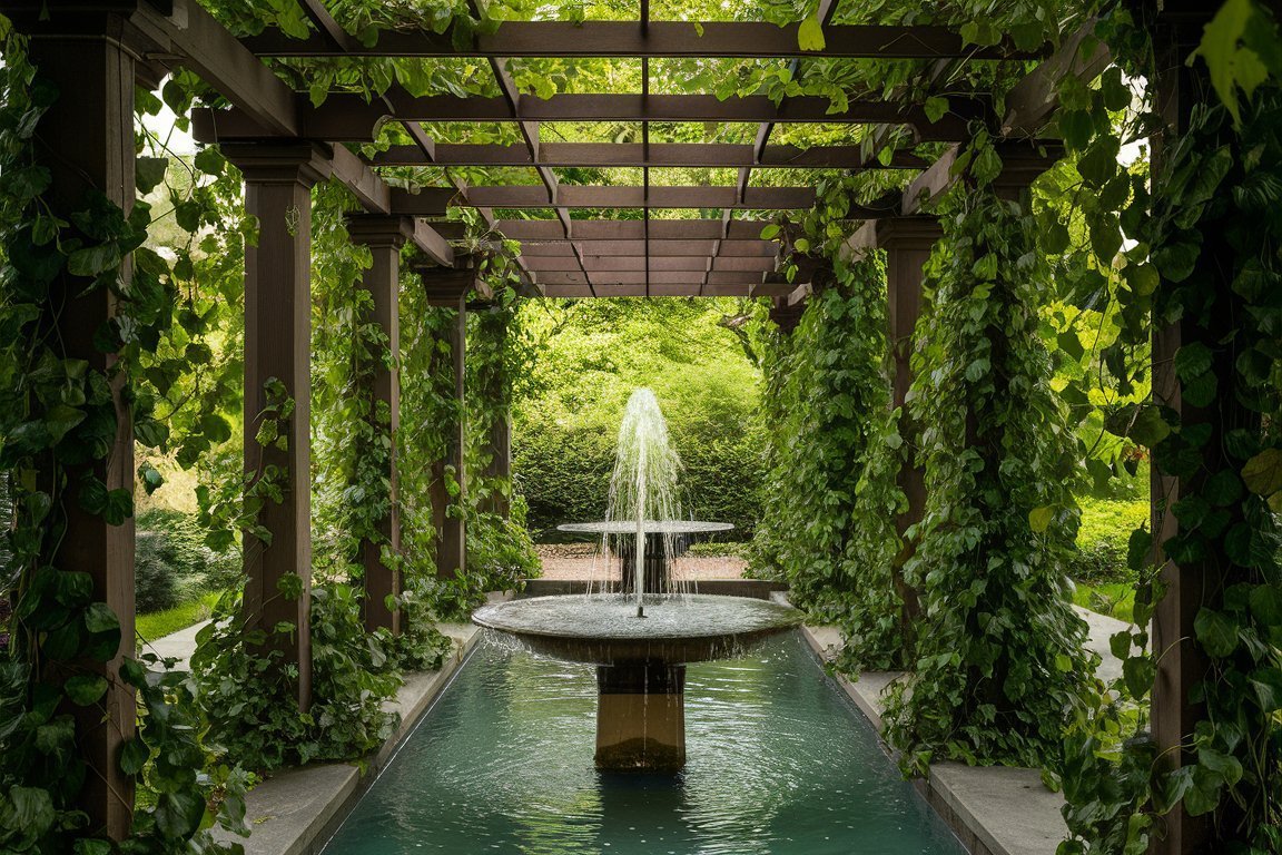 Wood pergola walkway covered in climbing vines leading to a stone fountain surrounded by greenery