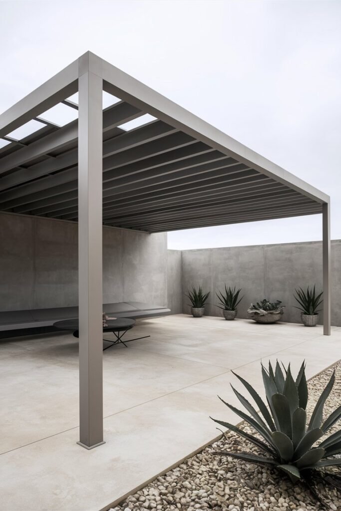 Sleek gray minimalist aluminum pergola over a concrete patio with built-in bench seating and potted succulents