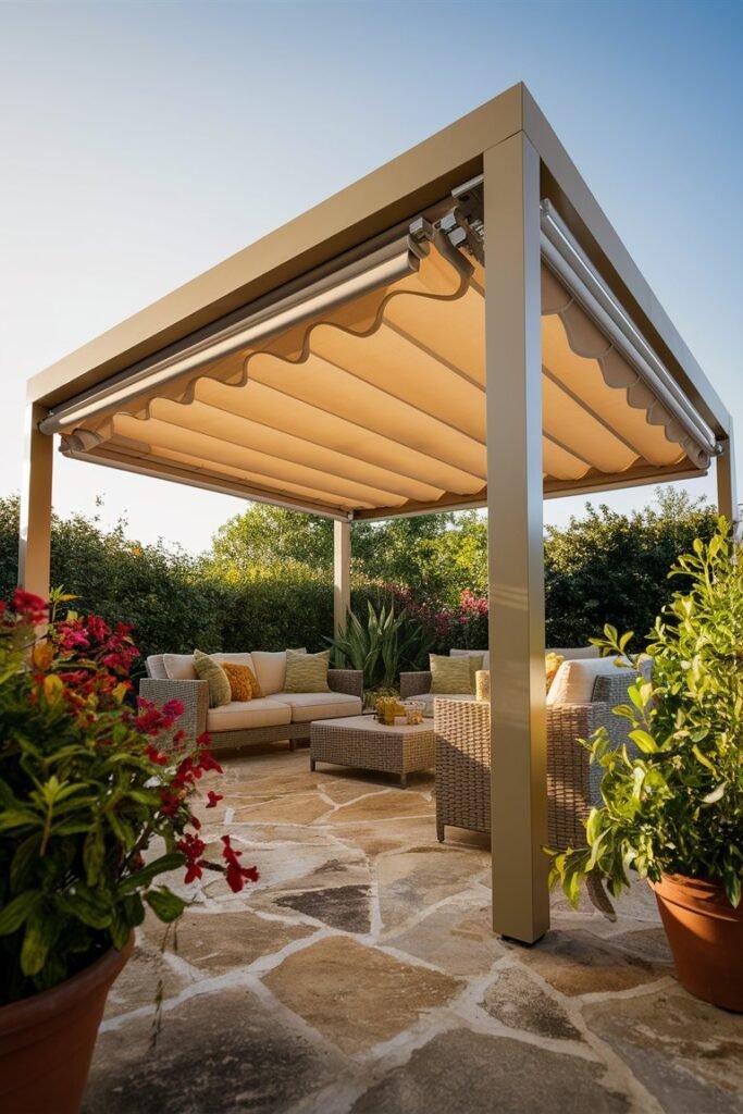 Modern pergola with a retractable sand-colored fabric canopy shading wicker lounge seating on a stone patio with potted flowers