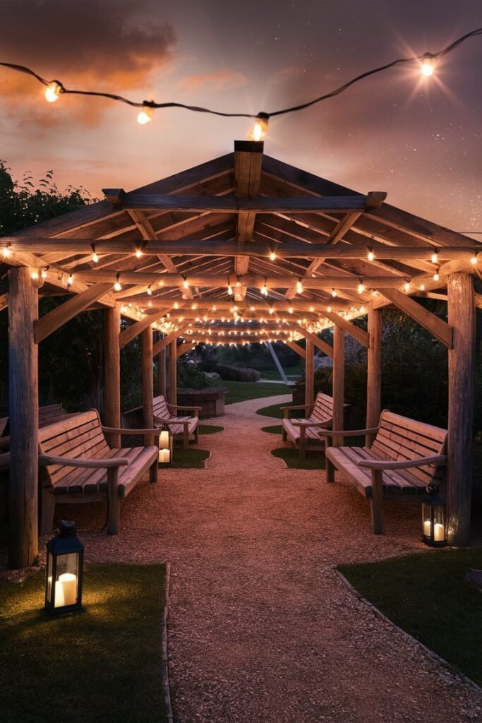 Rustic wooden pergola strung with warm string lights at dusk, with wood benches and lit lanterns along a gravel path underneath