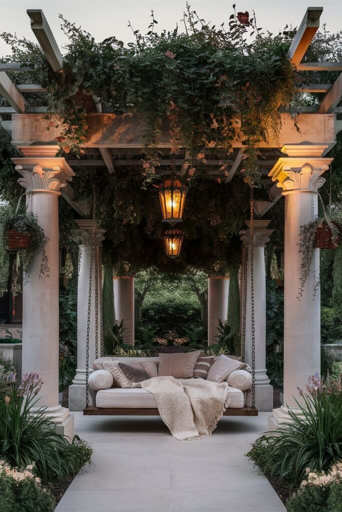 Plush white hanging daybed swing suspended by chains beneath an ornate columned pergola draped in flowering vines and lit by lanterns