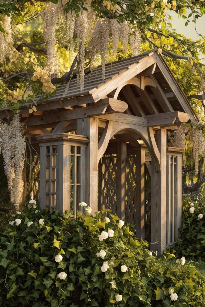 Small wooden pergola structure with lattice sides nearly covered by draping wisteria blooms and white climbing roses