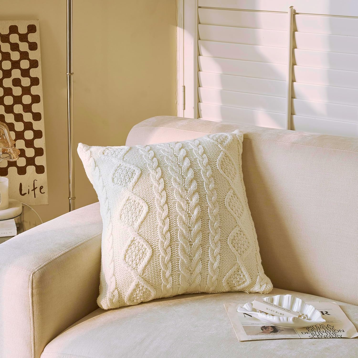 Decorative Knit Throw Pillow Cover, Cream, 18 x 18 Inch